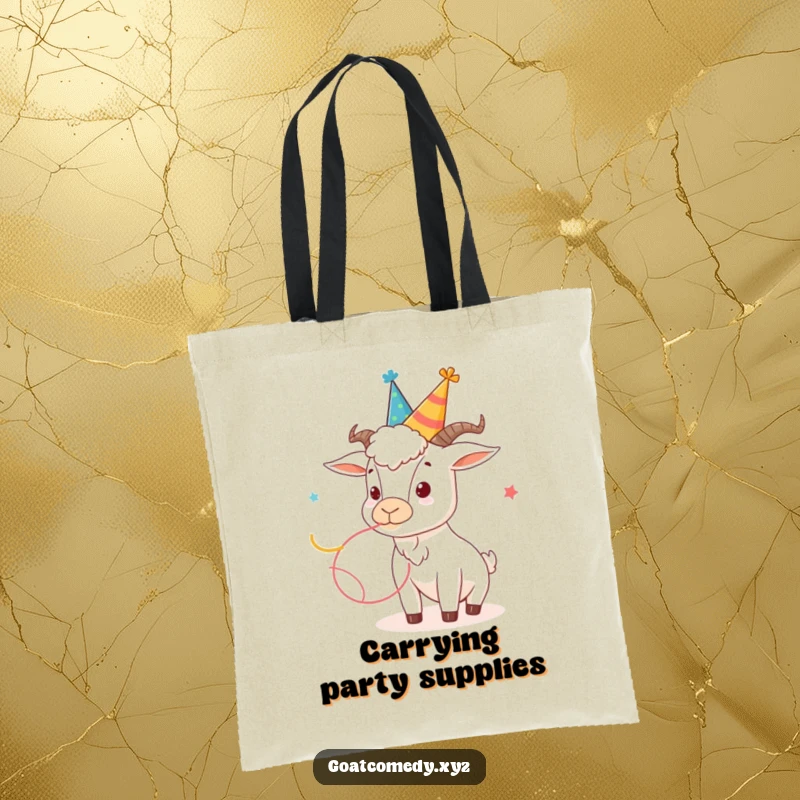 Funny goat tote bag featuring a goat in a silly hat blowing a party streamer.