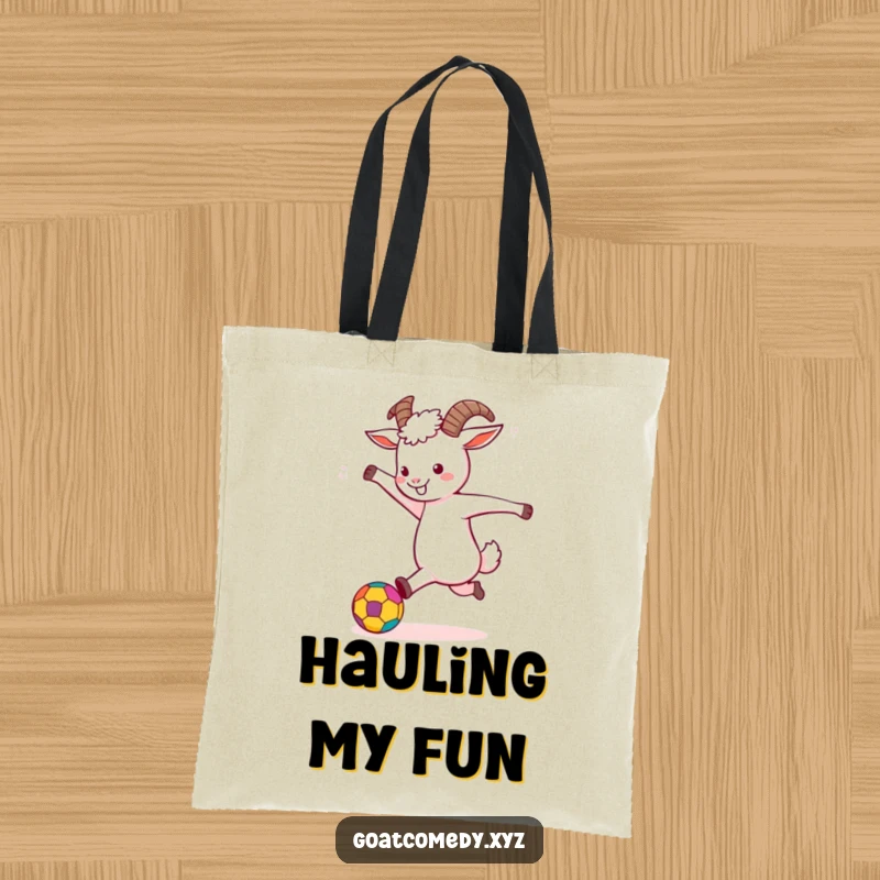 Funny Goat Tote Bag showcasing a goat energetically kicking a colorful ball, perfect for shopping and daily use.